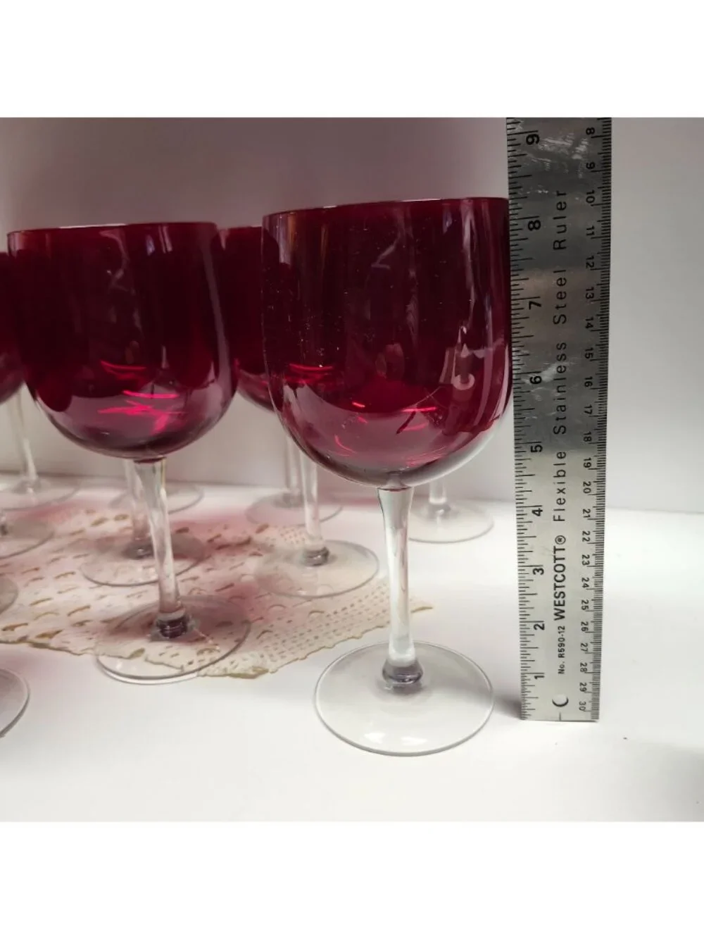 12- Ruby Red Wine Glasses Clear Stem Large Goblets